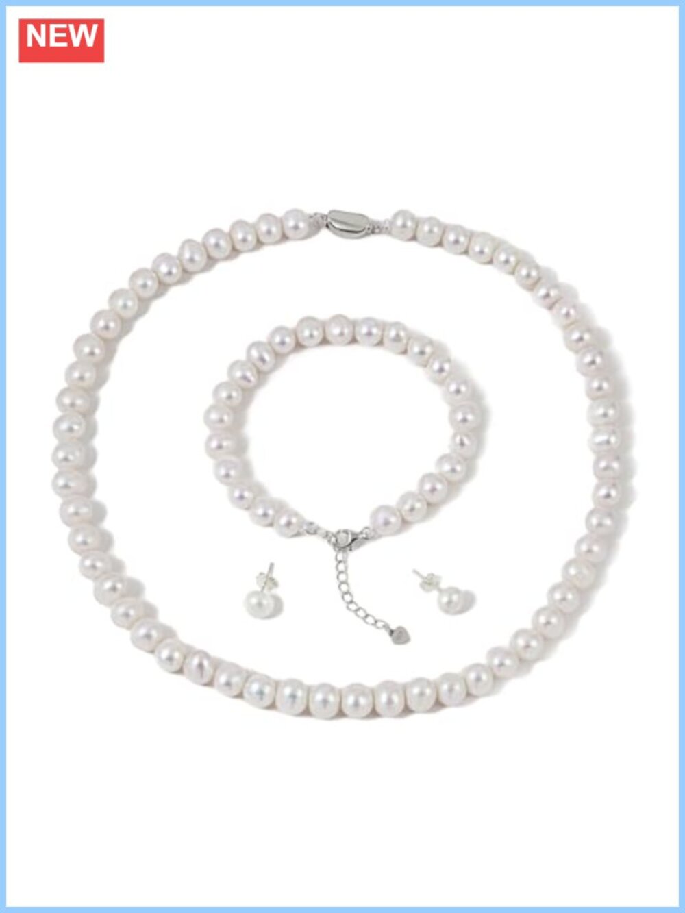Freshwater Cultured Pearl Necklace Bracelet Earrings Set 925 Sterling Silver